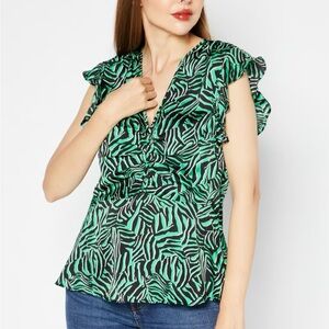 Michael Kors Zebra-Print V-Neck  Flounce Blouse Women's large Spring Green top
